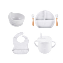 Taza de mármol con diseño de alimentos a prueba de fugas con plato Baberos de silicona completos y cuenco Juego de alimentación para bebés Gris